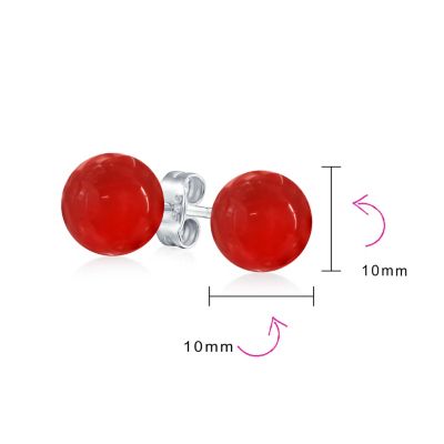 Simple Dyed Natural Red Coral Ball Round Stud Earrings Sterling Silver 10MM