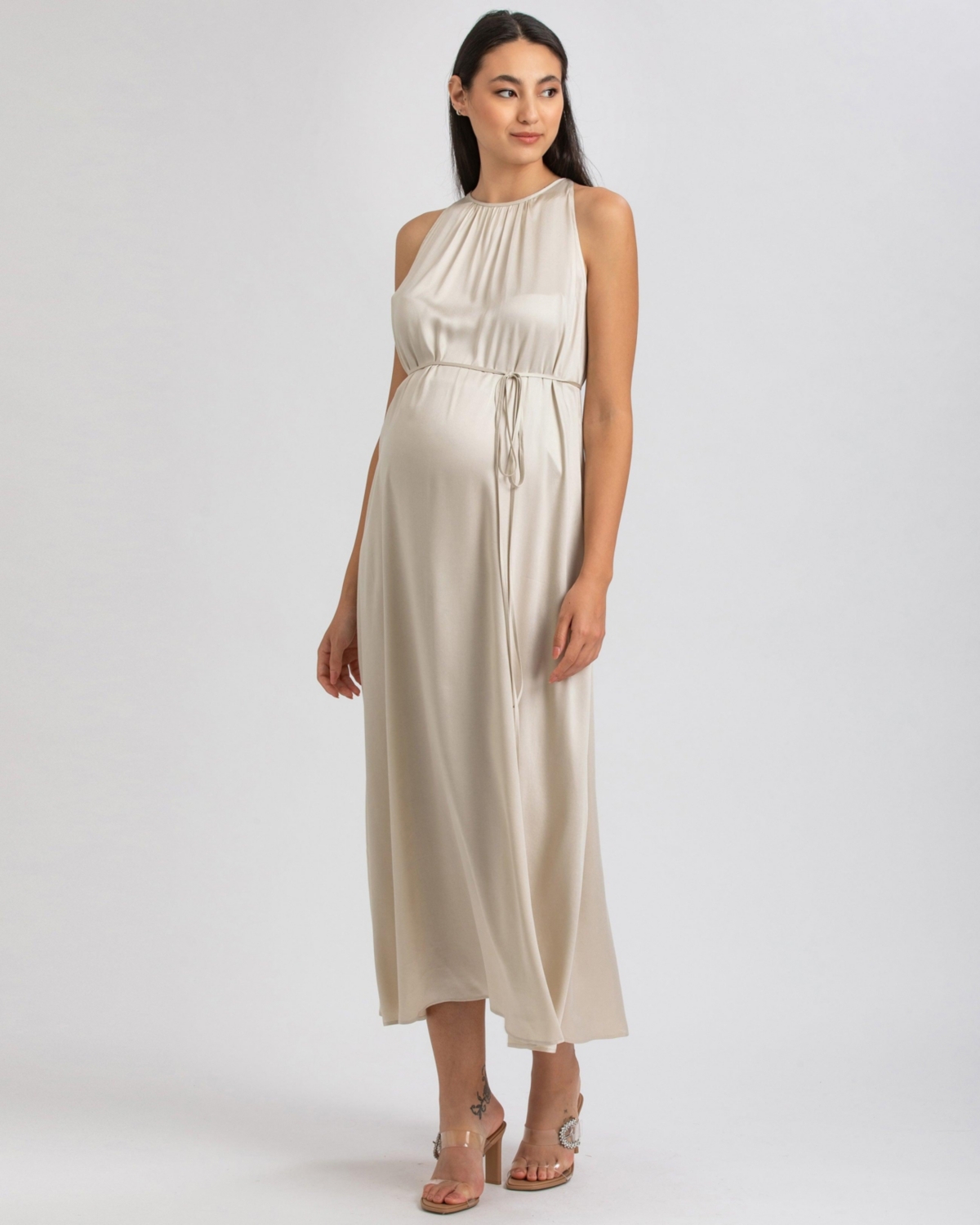 Maternity Sleeveless Satin-Touch Special Occasions Clarissa Dress - Icy beige
