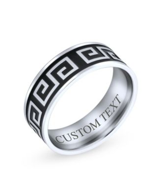 Geometric Ancient Fret Greek Key Pattern Flat Eternity Band Ring Black Silver Two Tone Stainless Steel 8MM