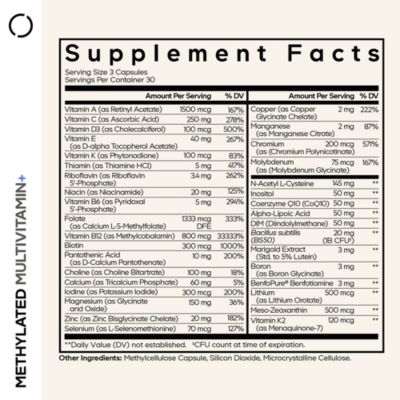 Methylated Multivitamin Supplement - B-Vitamin, Vitamins A, C, D, E, K2, B12 Methylcobalamin - L-Methylfolate - Magnesium, CoQ10, DIM, Probiotics, Benfotiamine, Lithium, Calcium - 90 Capsules
