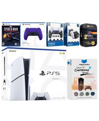Playstation 5 Slim Disc with Spider-Man: Miles Morales, Extra Cosmic Red Controller, FPS Grip Kit, Charge Dock and MightySkins Decal Voucher + 2