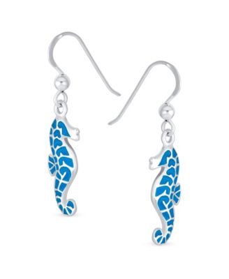 Sea Animal Nautical Beach Vacation Inlay Enamel Seahorse Dangling Earrings .925 Sterling Fish Hook