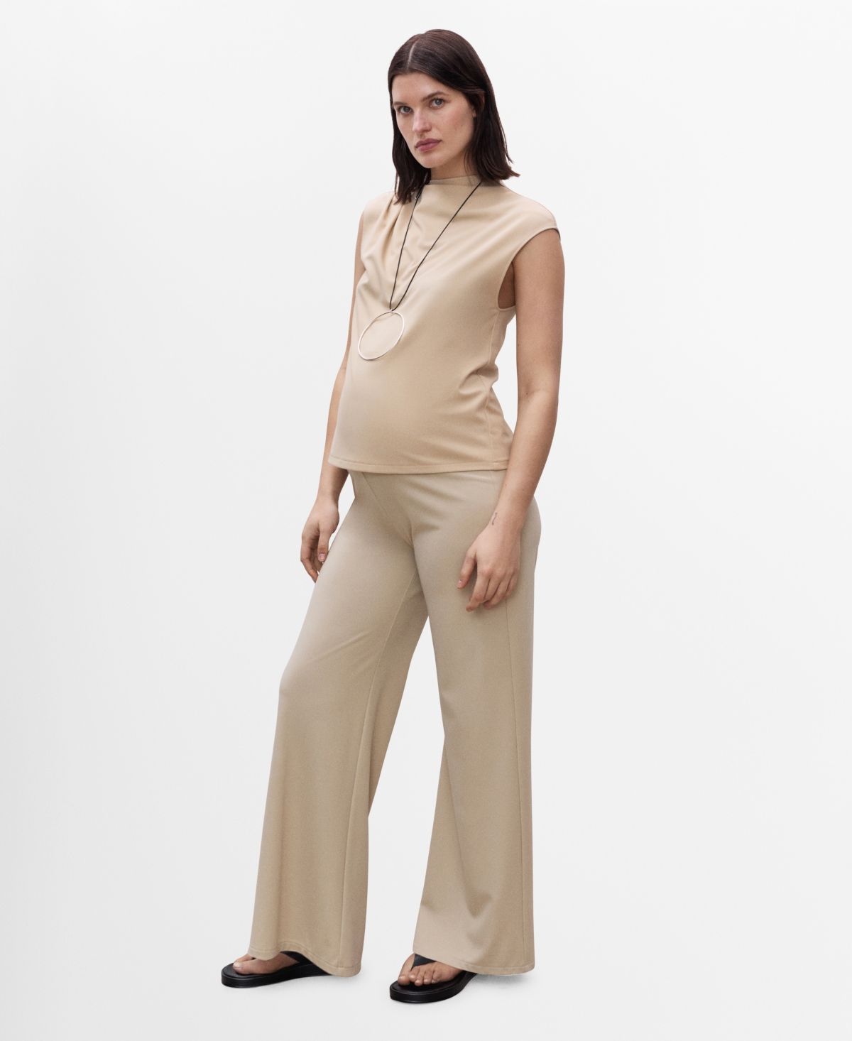 Mango Fine Knit Wide Leg Maternity Pants In Sand