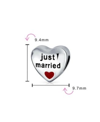 Red Heart Shape Two Sided Words Just Married Charm Bead .925 Sterling Silver