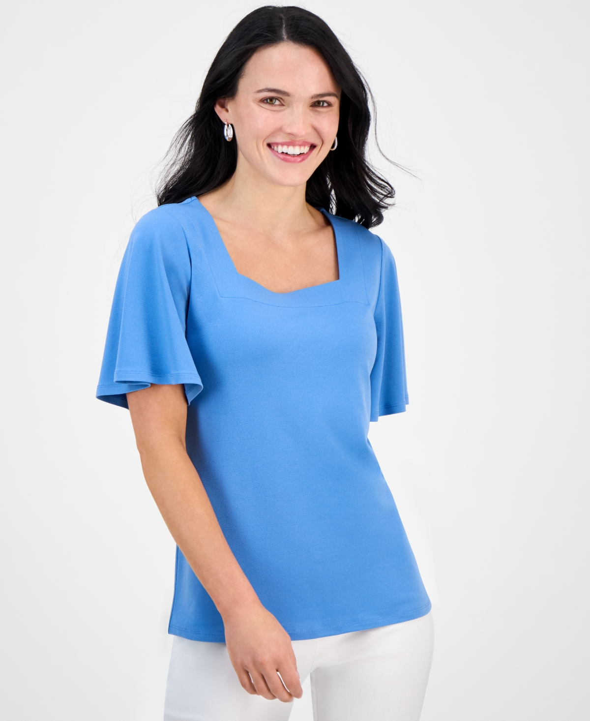 JM COLLECTION PETITE FLUTTER-SLEEVE SQUARE-NECK TOP, EXCLUSIVELY AT MACY'S 