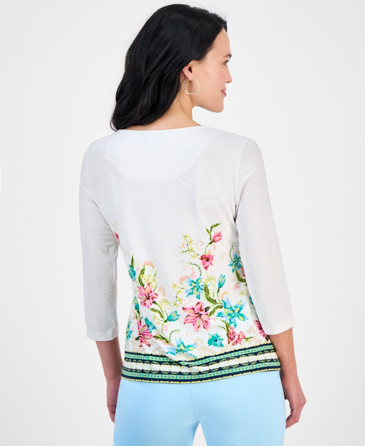 JM COLLECTION PETITE JACQUARD 3/4-SLEEVE TOP, EXCLUSIVELY AT MACY'S 