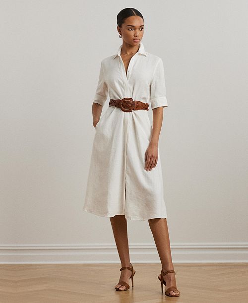 alfani Lauren Ralph Lauren Women's 100% Linen Shirtdress Women's Fashion Shoes & Accessories