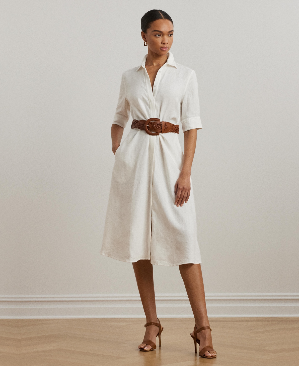 Petite 100% Linen Tie-Front Shirtdress - Lauren Navy
