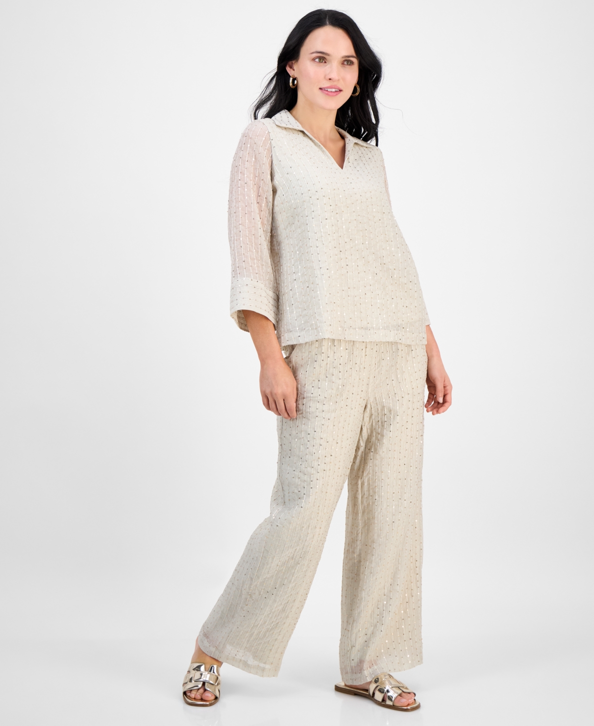 JM COLLECTION PETITE SEQUINNED SPLIT-NECK 3/4-SLEEVE TOP, EXCLUSIVELY AT MACY'S 