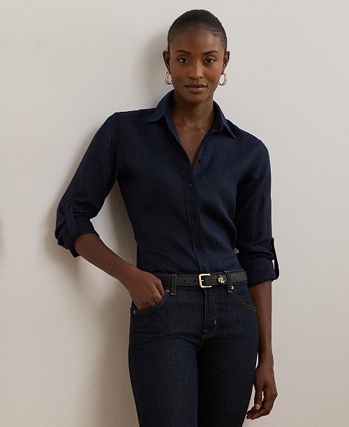 alfani Lauren Ralph Lauren 100% Linen Shirt Women's Fashion Shoes & Accessories