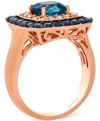 Deep Sea Blue Topaz (1-1/2 ct. t.w.), Blueberry Sapphire (7/8 ct. t.w.) & Nude Diamond (3/8 ct. t.w.) Cushion Halo Ring in 14k Rose Gold