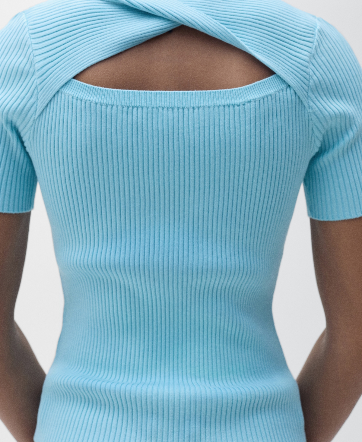 Mango Ribbed Short Sleeve Sweater With Back Opening In Turquoise