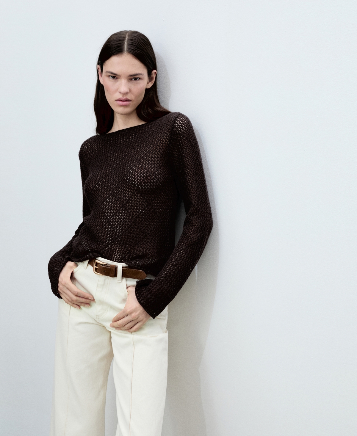 Mango Openwork Knit Cotton Sweater Chocolate In Chocolate
