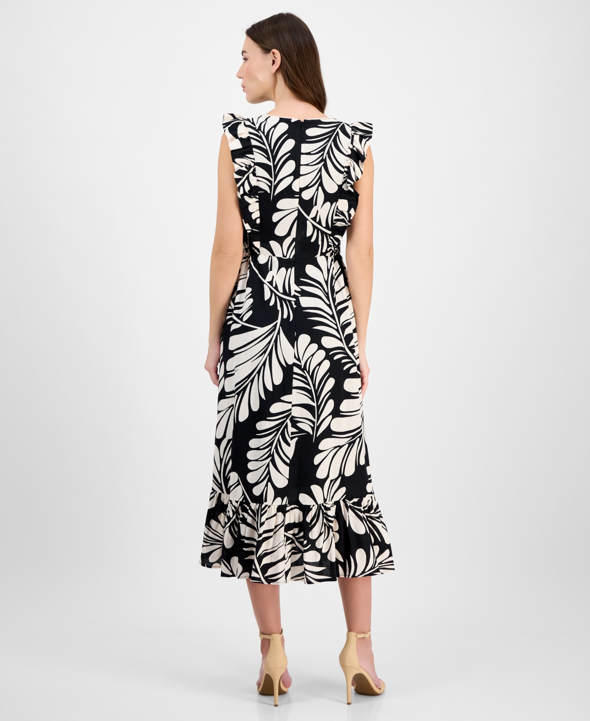 Anne Klein Plus Size Printed V-neck Ruffled Midi Dress In Black