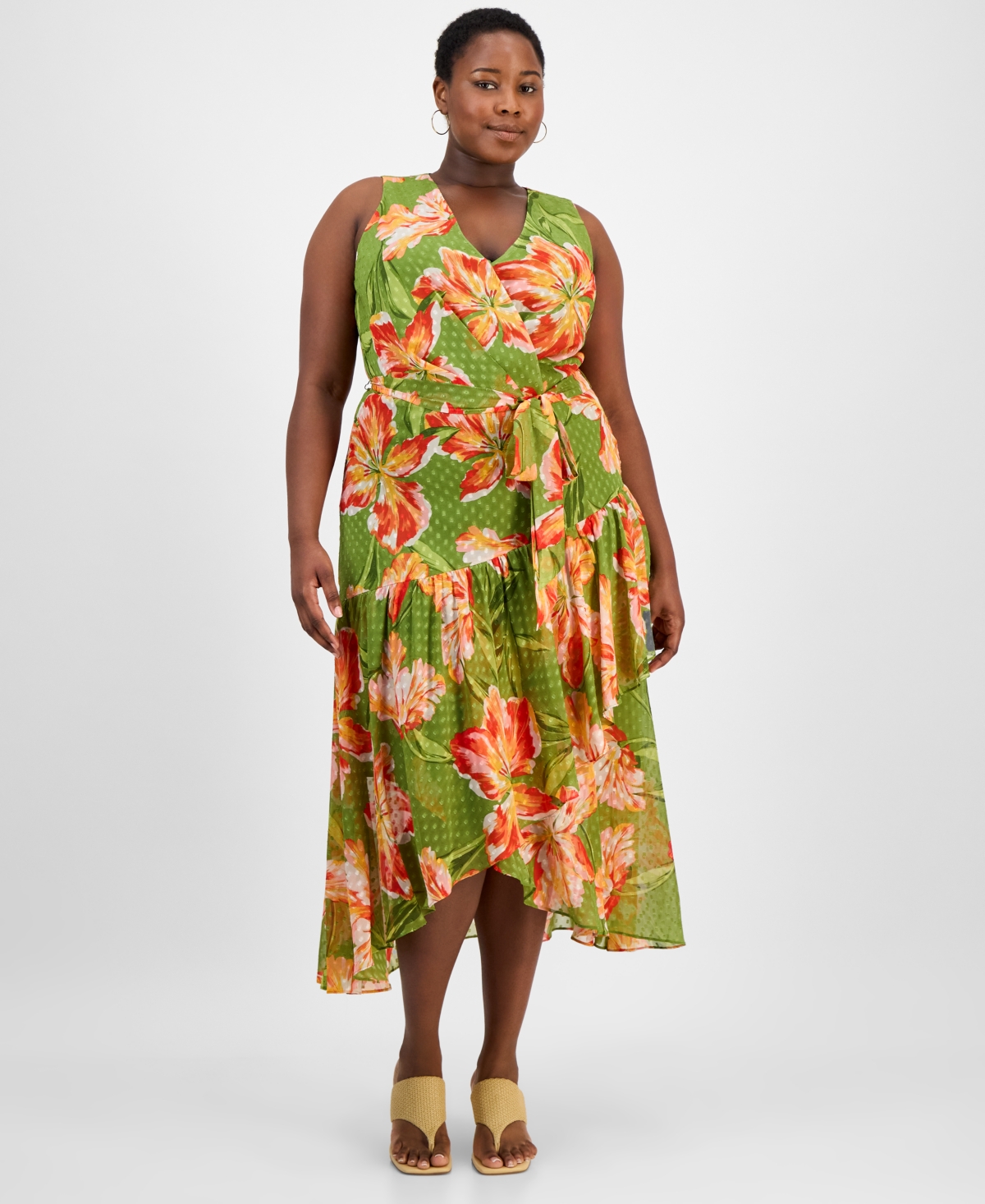 Anne Klein Plus Size Floral Chiffon High-low Dress In Green