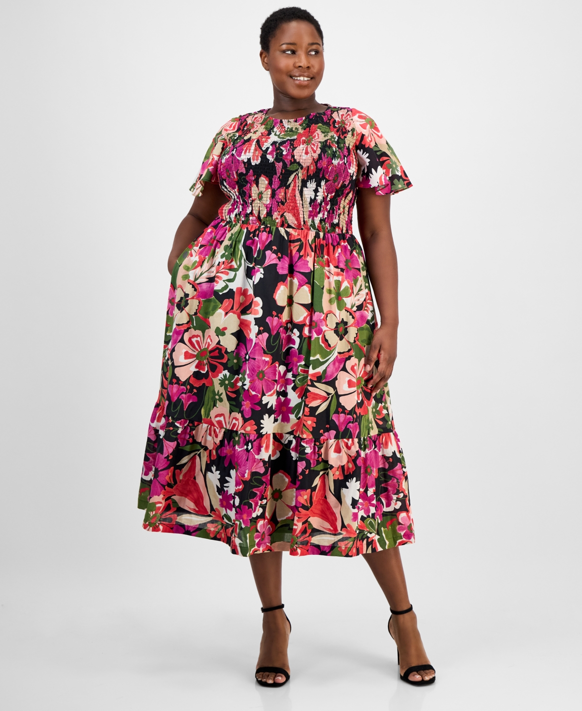 Anne Klein Floral Smocked Flutter Sleeve Cotton Maxi Dress In Multi