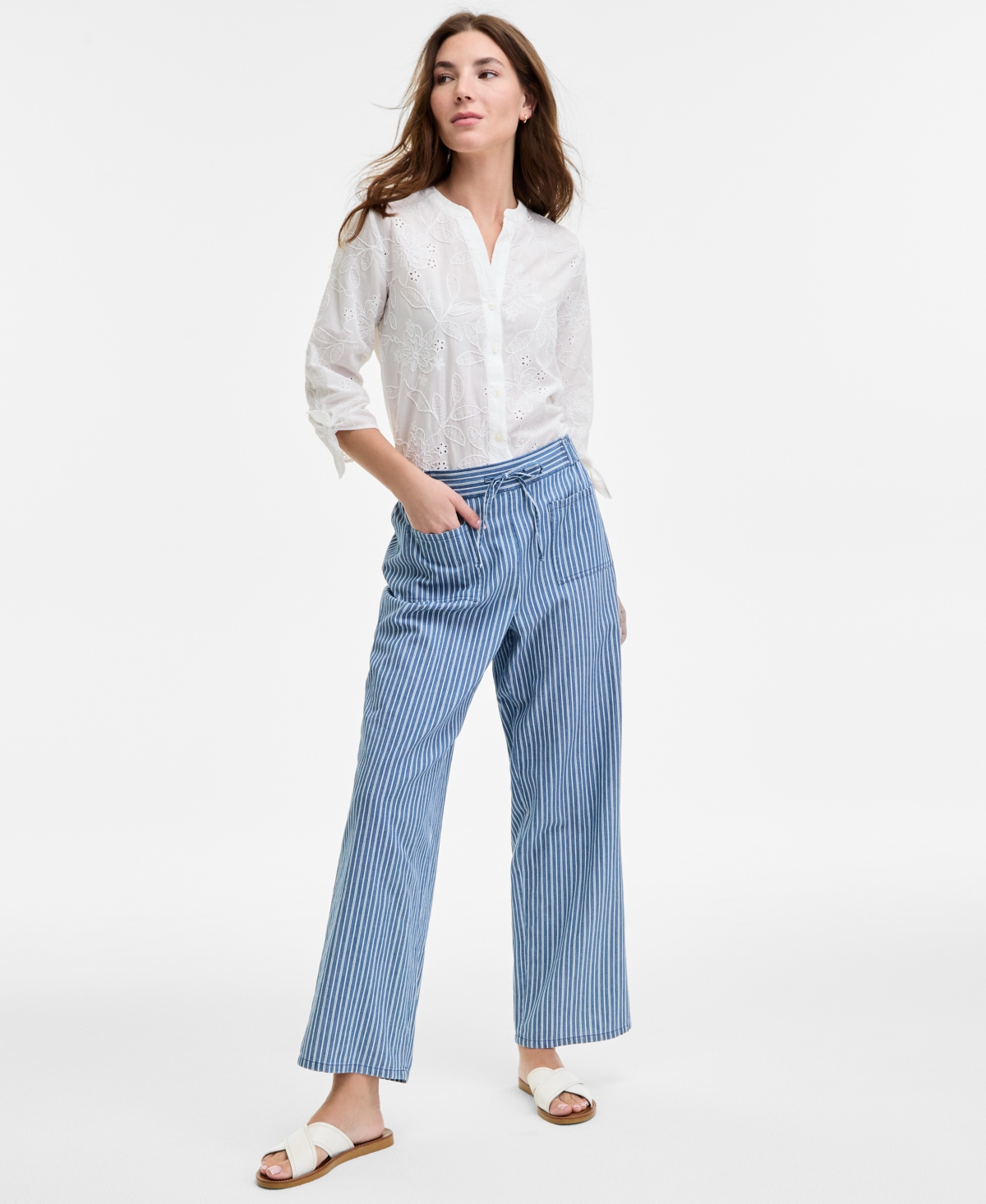 Women's Double Patch Pocket Cotton Pants - Medium Indigo/white