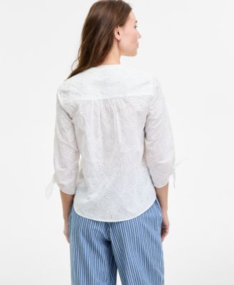 Женский хлопковый топ с вышивкой спереди на пуговицах и Y-образным вырезом от Jones New York для женщин