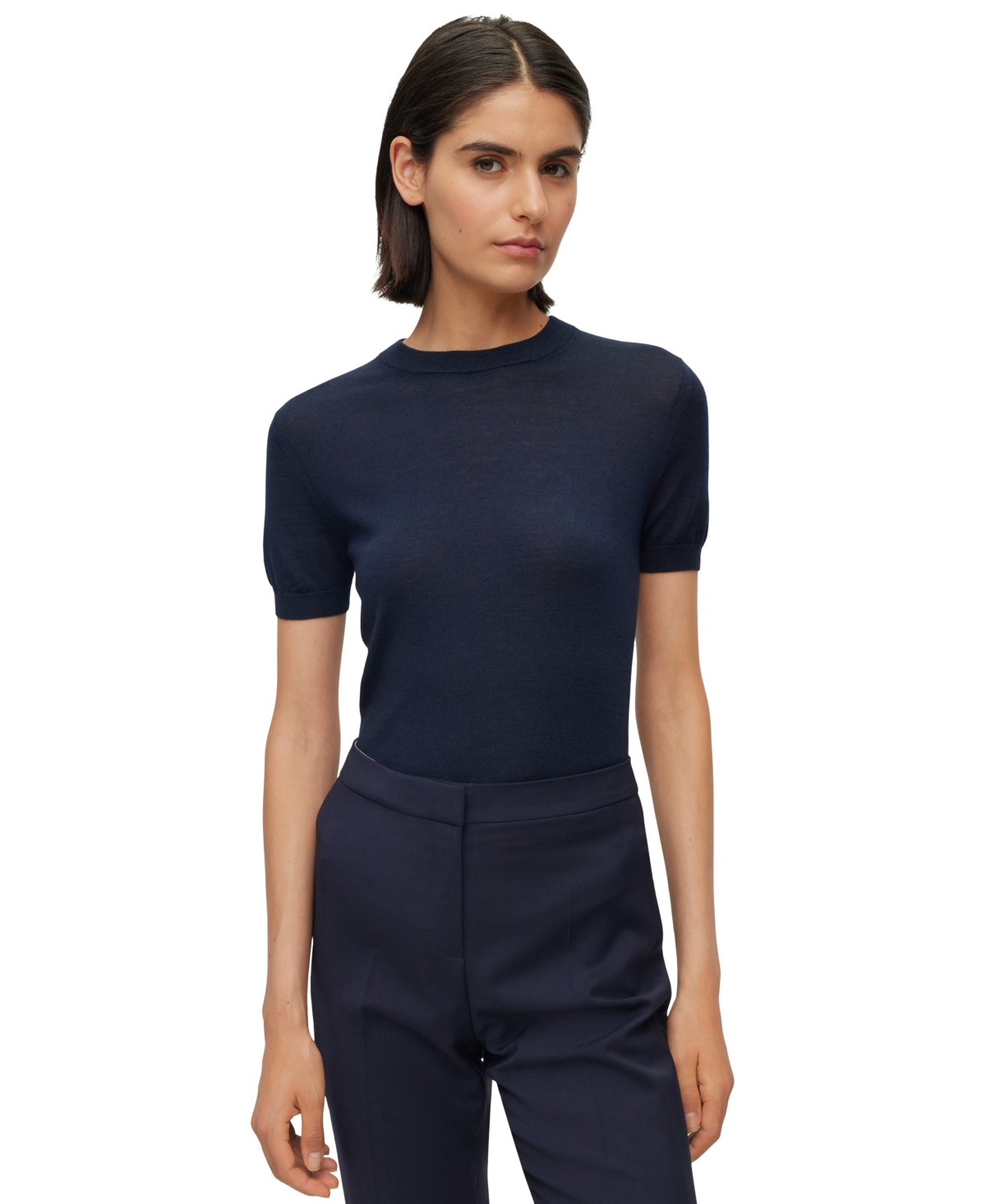 Boss by Hugo Boss Women's Merino Wool Short-Sleeved Sweater - Dark Blue