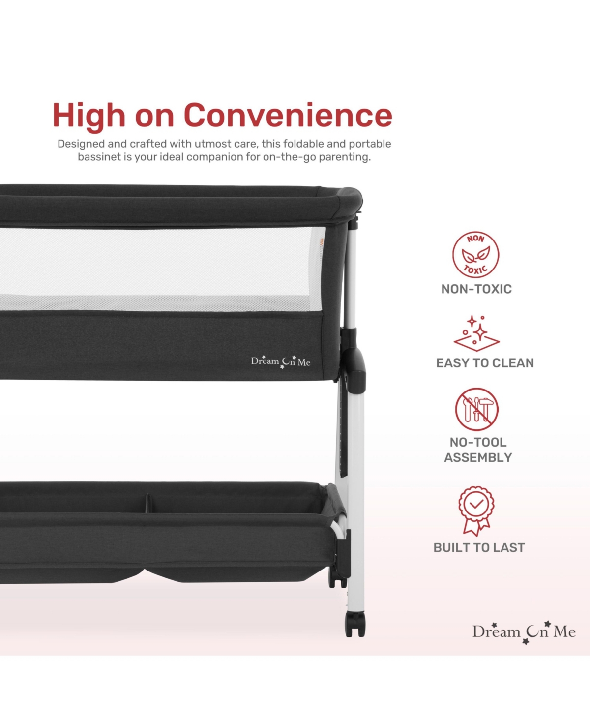 Dream On Me Kids Calypso Portable Bassinet with Wheels Black