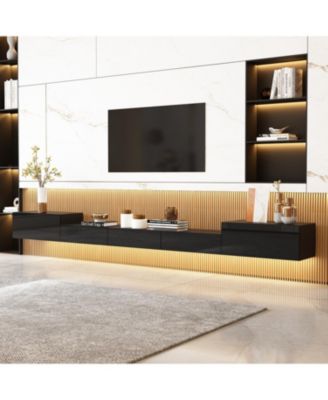 Black wall-mounted TV stand, entertainment center with five drawers, media console with light strip