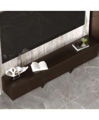 Flip-down 3-door TV stand, black wood media console, multi-purpose entertainment center