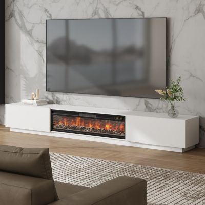 46 Inch black Crystal Electric Fireplace with White TV Stand, 12 Color Flame, 5 Brightness Levels