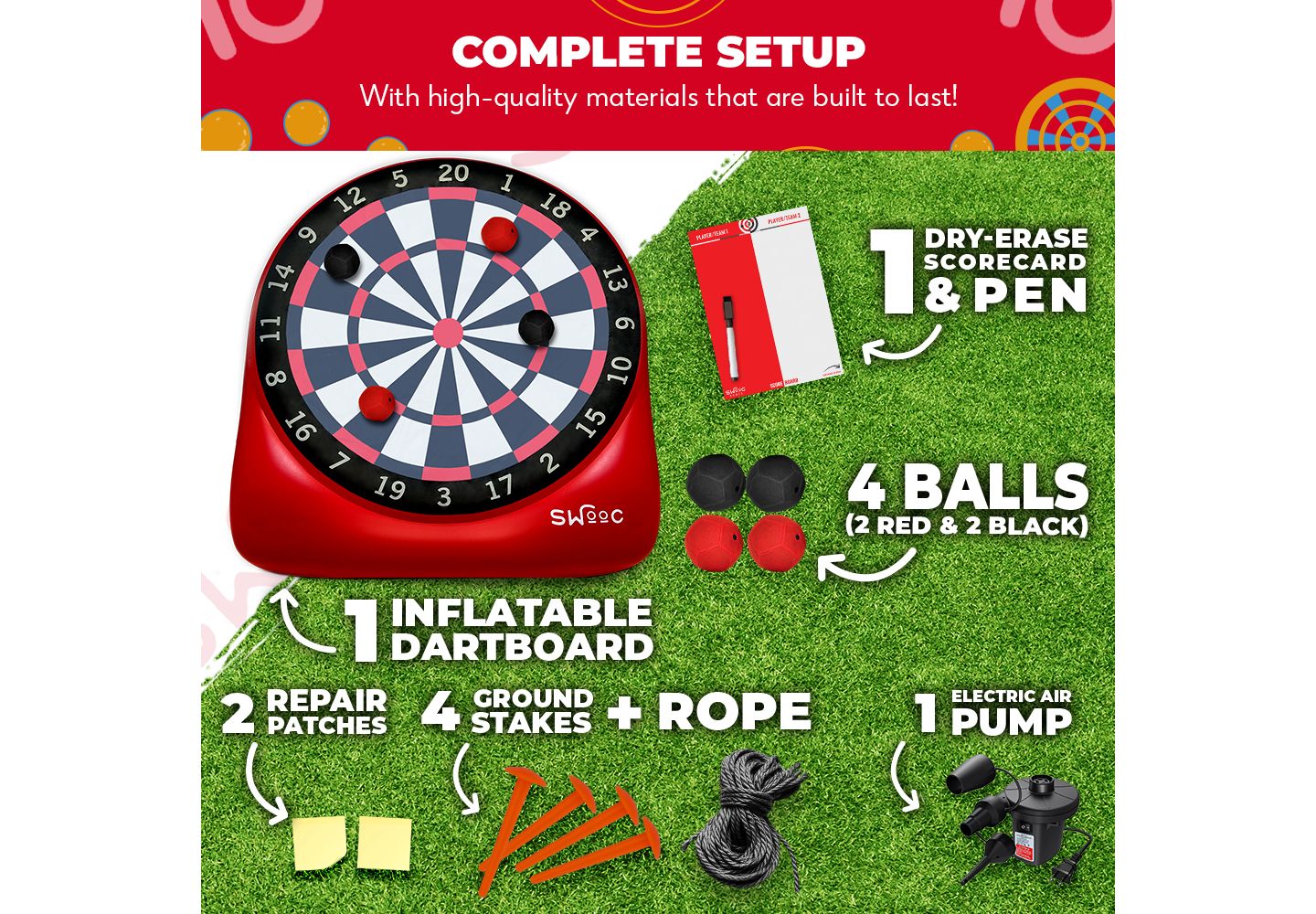 Детские игрушки SWOOC XL Giant Kick Darts (Over 8ft Tall) with 15+ Games Included - Jumbo Soccer Darts w/ Air Pump - Big Inflatable Games — фото 5