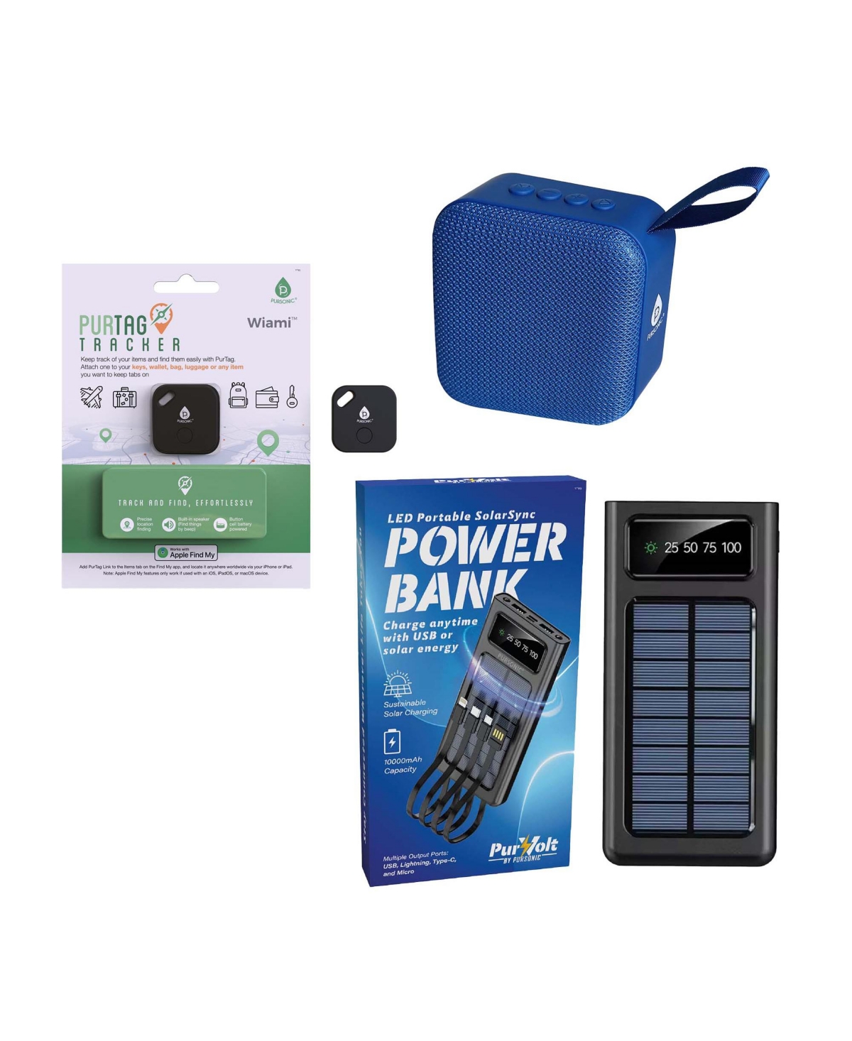 Wireless Speaker, Solarsync Power Bank & Purtag Tracker Bundle &#x2013; Ultimate Sound, Power & Security Anywhere! - Black