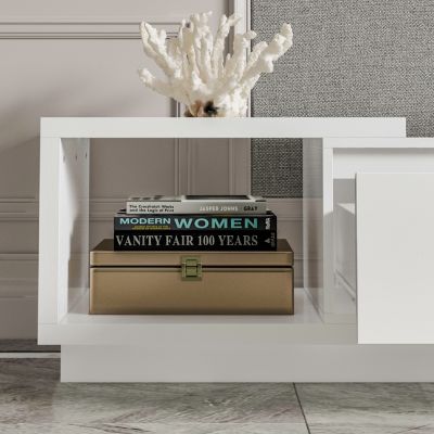 TV stand with two doors and one drawer, media console with six fixed shelves, entertainment center in white wood