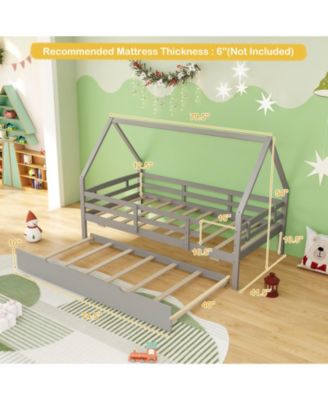 Twin House Bed with Trundle and Fence Rail