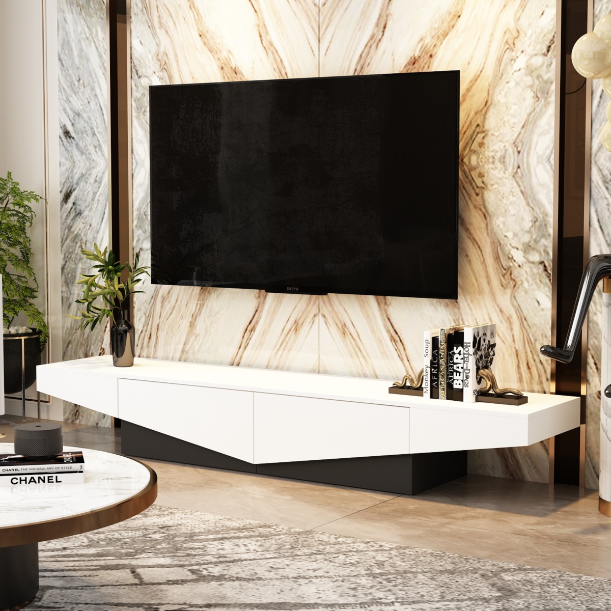 Uniquely designed Tv stand, media console with two drawers, wooden entertainment center