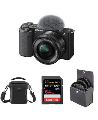 Sony ZV-E10 APS-C Mirrorless Interchangeable Lens Vlogging Camera with 16-50mm Lens, Black - Bundle with 64GB SD Card, Shoulder Bag, 40.5mm