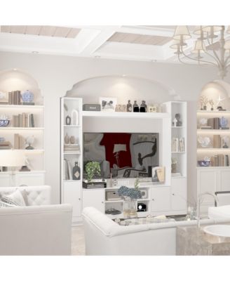 Black four-door TV stand, media console with movable shelves, multi-purpose entertainment center