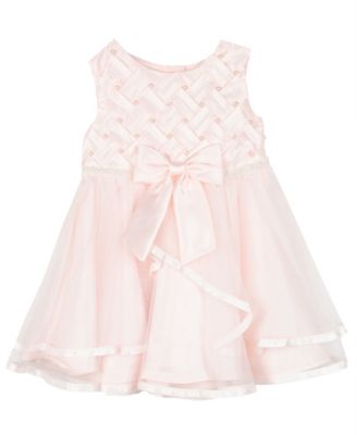 Baby Girls Basket Weave Social Dress with Two Tiered Ribbon Skirt
