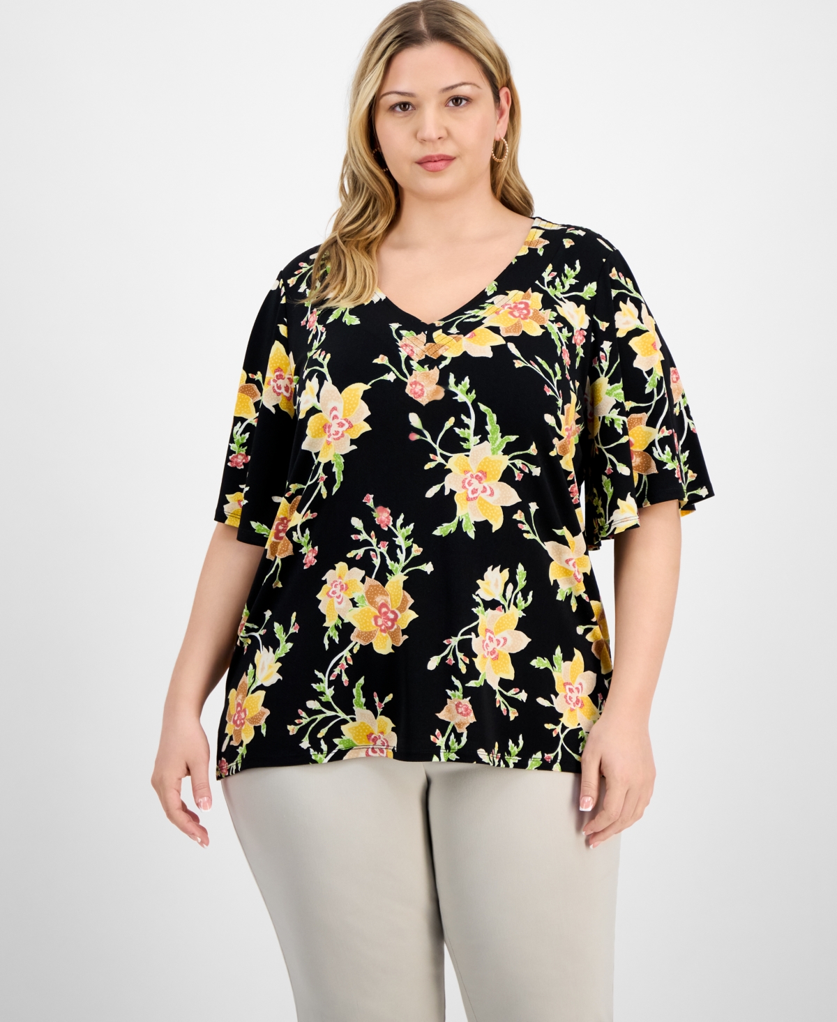 Plus Size Printed Flared-Sleeve V-Neck Top, Exclusively at Macy's - Purple Fizz Combo