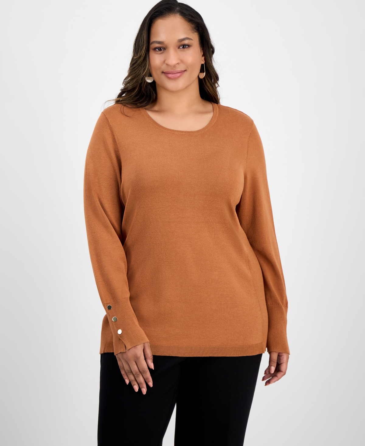 Jm Collection Plus Size Crewneck Long-sleeve Sweater, Macy's Exclusive In Orange