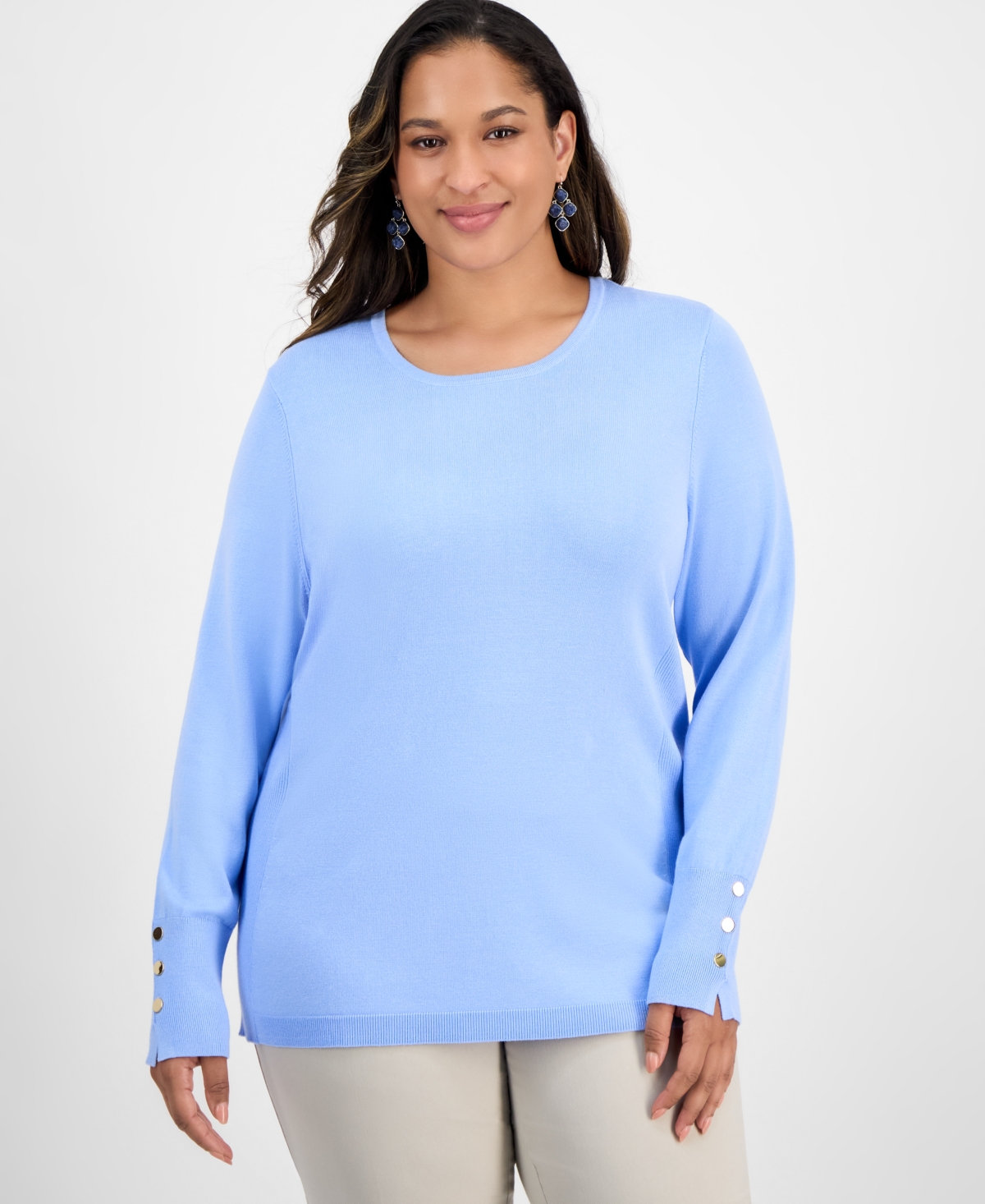 Jm Collection Plus Size Crewneck Long-sleeve Sweater, Macy's Exclusive In Blue