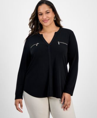 Plus Size Solid V-Neck Long-Sleeve Top, Macy's Exclusive