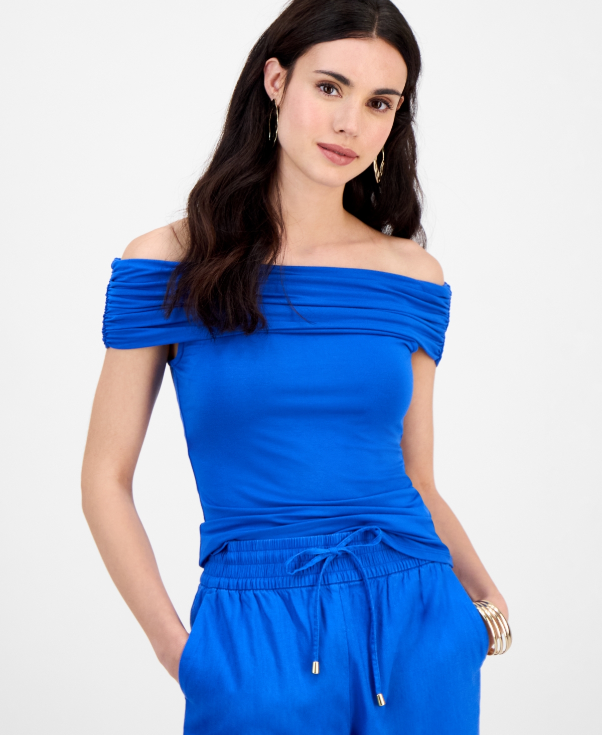 Inc International Concepts Womens Printed Off The Shoulder Top Xs P Xl Exclusively At Macys In Blue