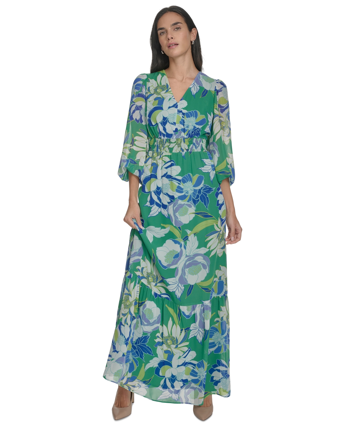 Women's Printed Puff-Sleeve V-Neck Maxi Dress - Green