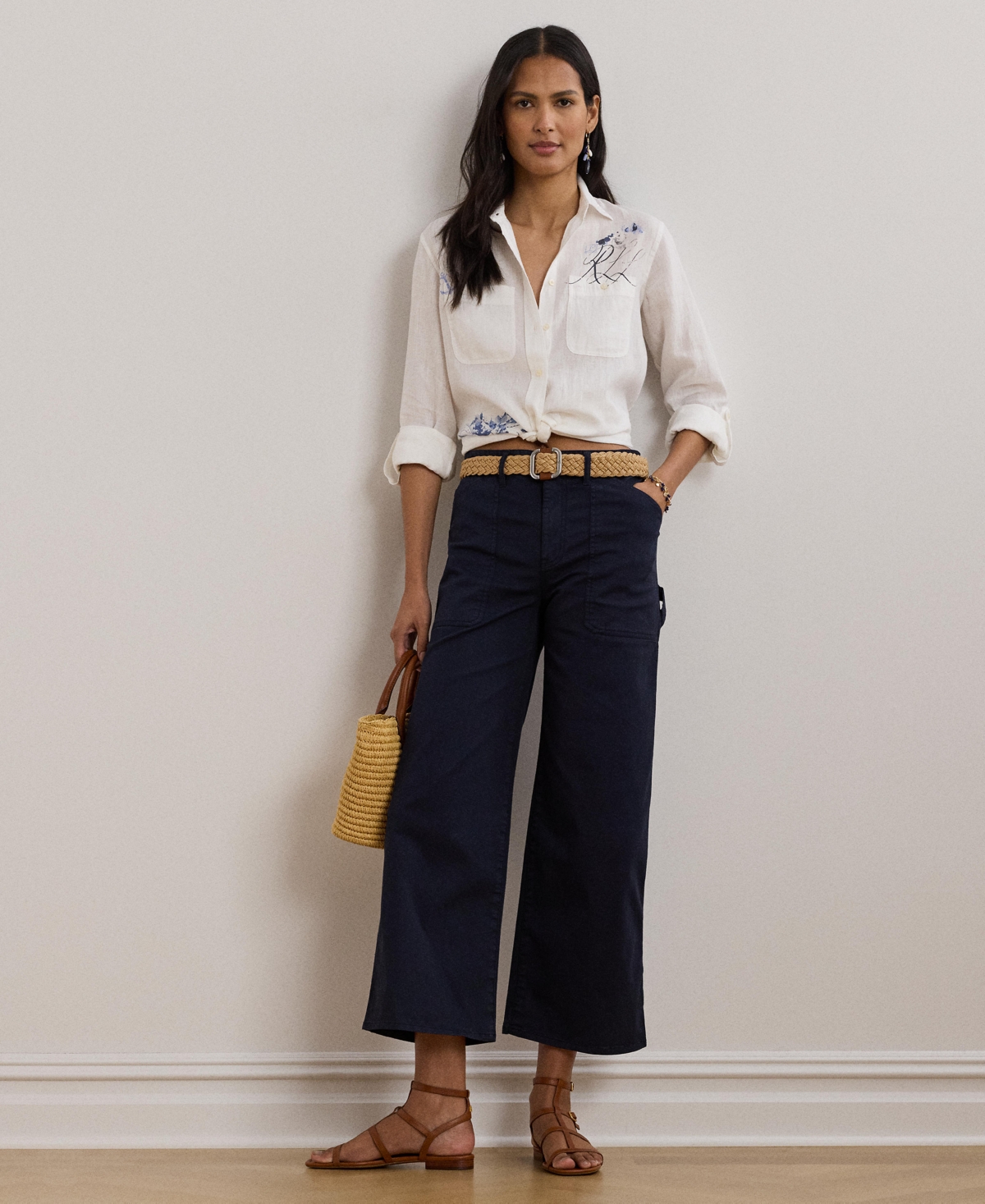 Ralph Lauren 100 Linen Womens Relaxed Fit Print Roll Tab Sleeve Shirt P Xs 3x In White