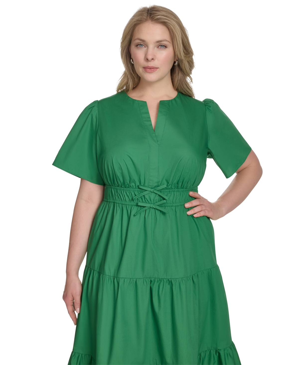 Jessica Howard Plus Size Cotton Tiered Split-neck Maxi Dress