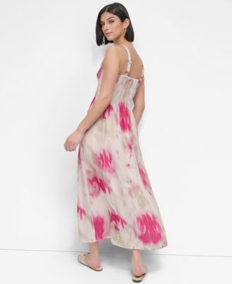 Женское платье-трапеция из гофрированной вуали с принтом DKNY