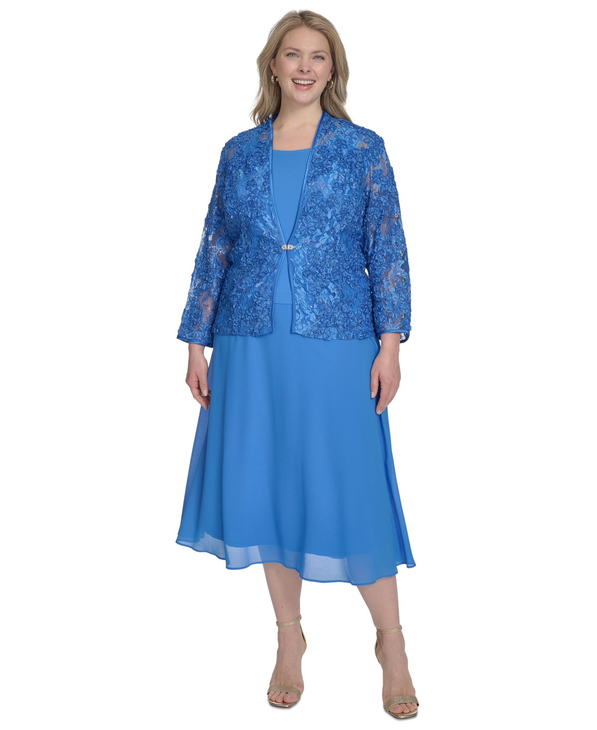 Jessica Howard Women's 2.pc Jewel-neck Midi Dress & Lace 3/4-sleeve Jacket In Blue