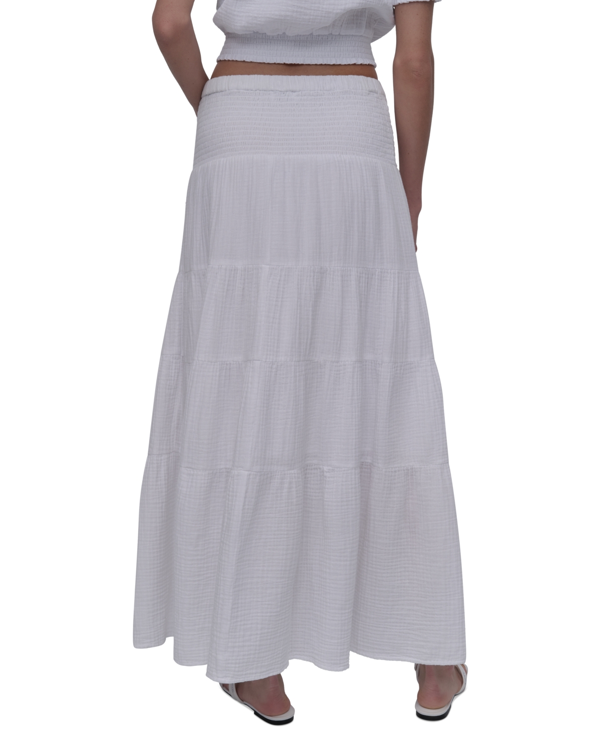 DKNY JEANS PETITE COTTON SMOCKED-WAIST TIERED MAXI SKIRT 