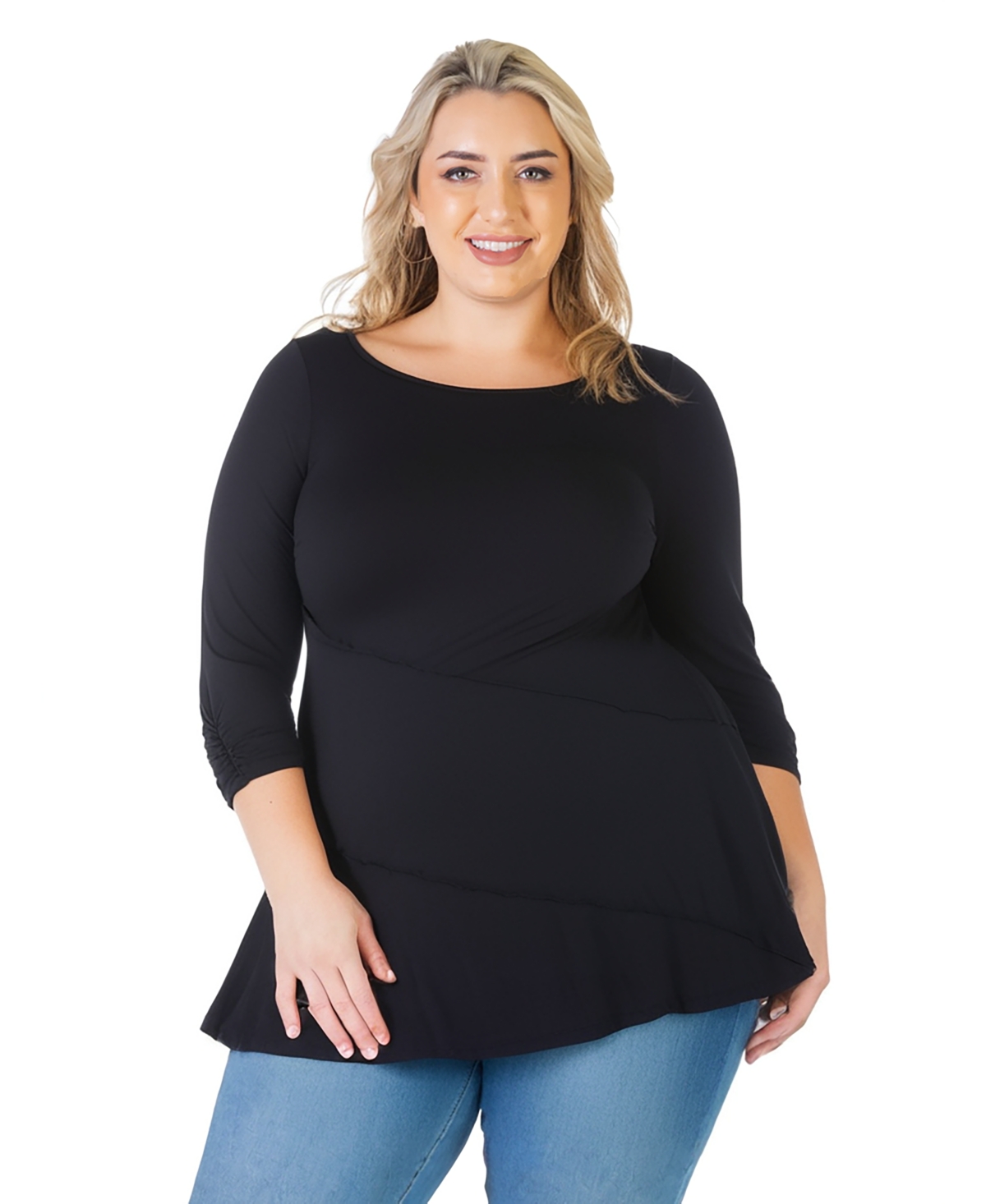 Plus Size Ruched Sleeve Swing Tunic Top - Black