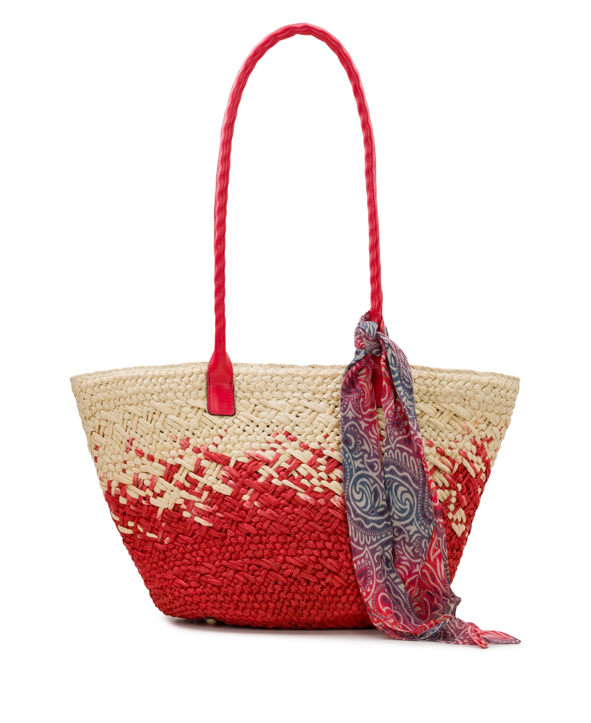 Patricia Nash Calypso Medium Woven Straw Tote With Greek Floral Scarf In Passion
