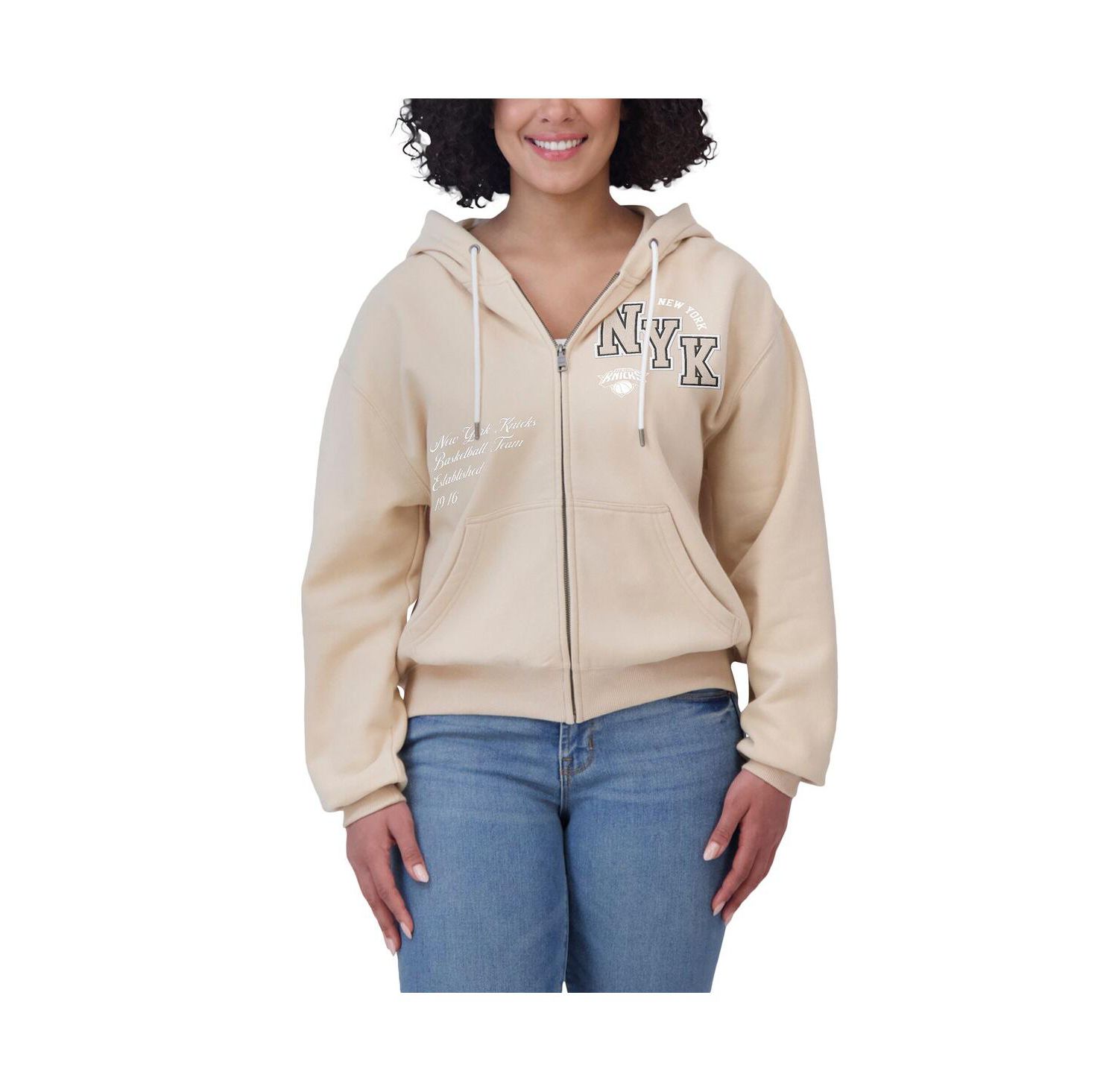 Women's Cream New York Knicks Plus Size Tonal Felt Patch Full-Zip Hoodie