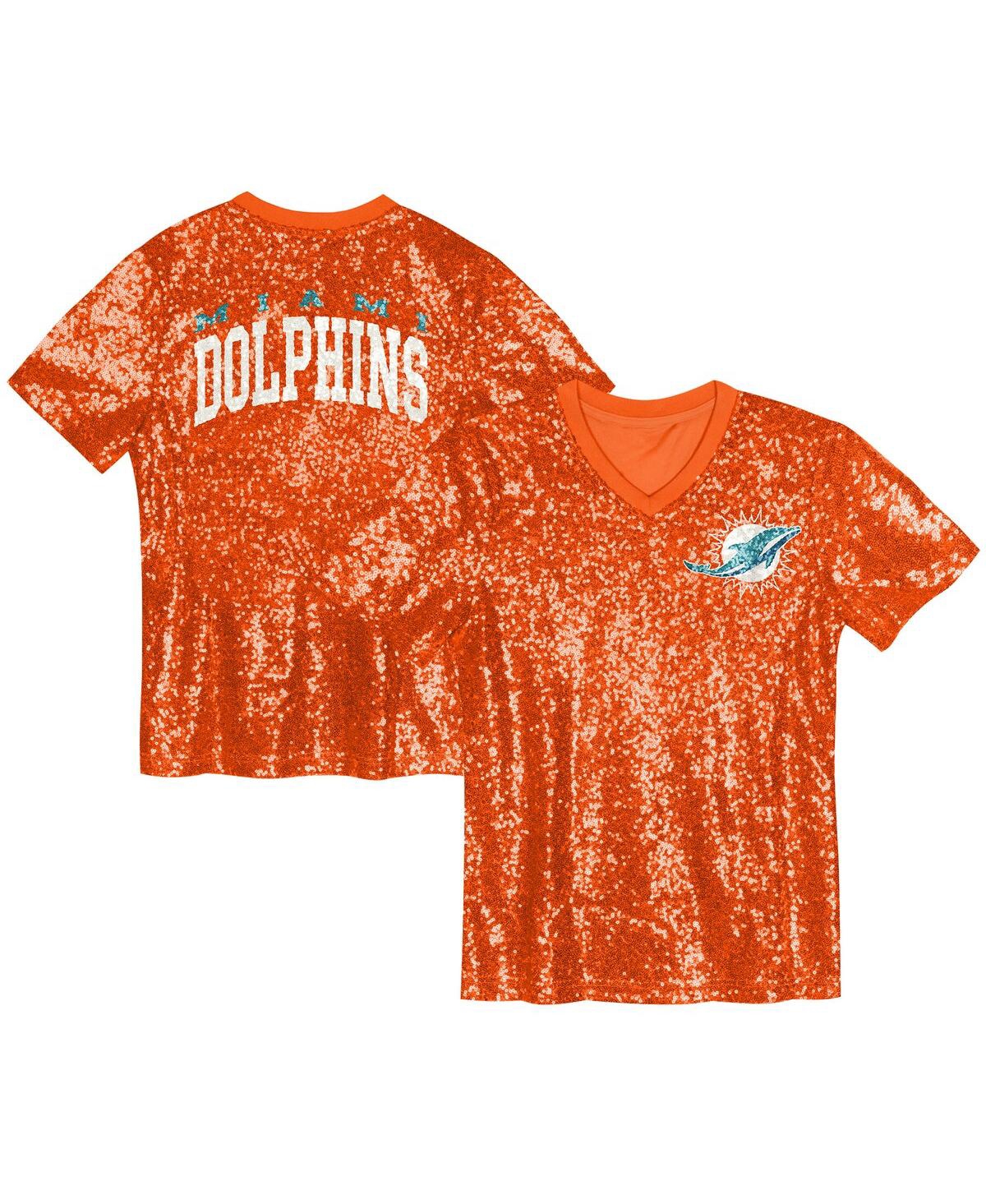 Outerstuff Big Girls Orange Miami Dolphins Wordmark Sequin V-neck Top In Orange